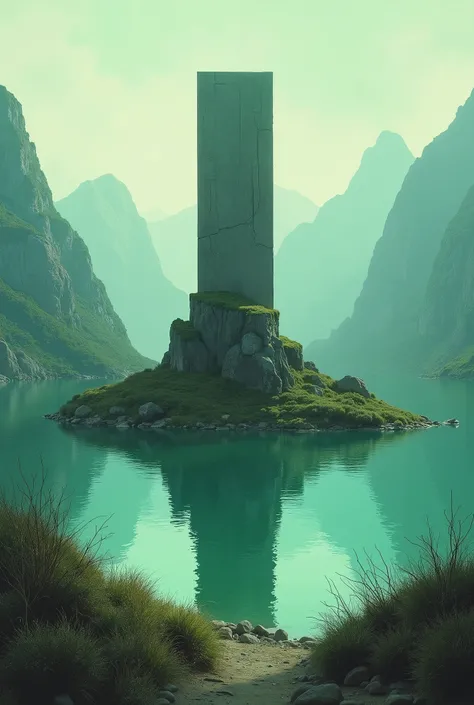 mad-mdrnmnlsmm painting of a mysterious monolith on an island in a lake in the mountains, shrubs, rocks, brush_stroke, light green