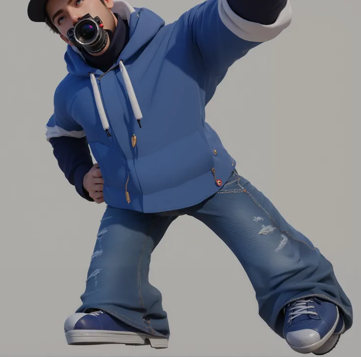 Looking up，The camera is close to the ground ， male leg close-up ， facing the camera ，bend over， standing with legs open ，Wear jeans， standing with legs crossed ，Sneakboard shoes， More costume details ， realistic denim fabric，UE5 Rendering，3D Rendering，Lig...