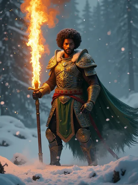 Create an image of a black man, he has a black Afro, and a black beard. He is young and wearing green and gold battle armor. He is holding a fire sword in his hand, while fighting in a winter night battlefield as snow falls. Volumetric lighting