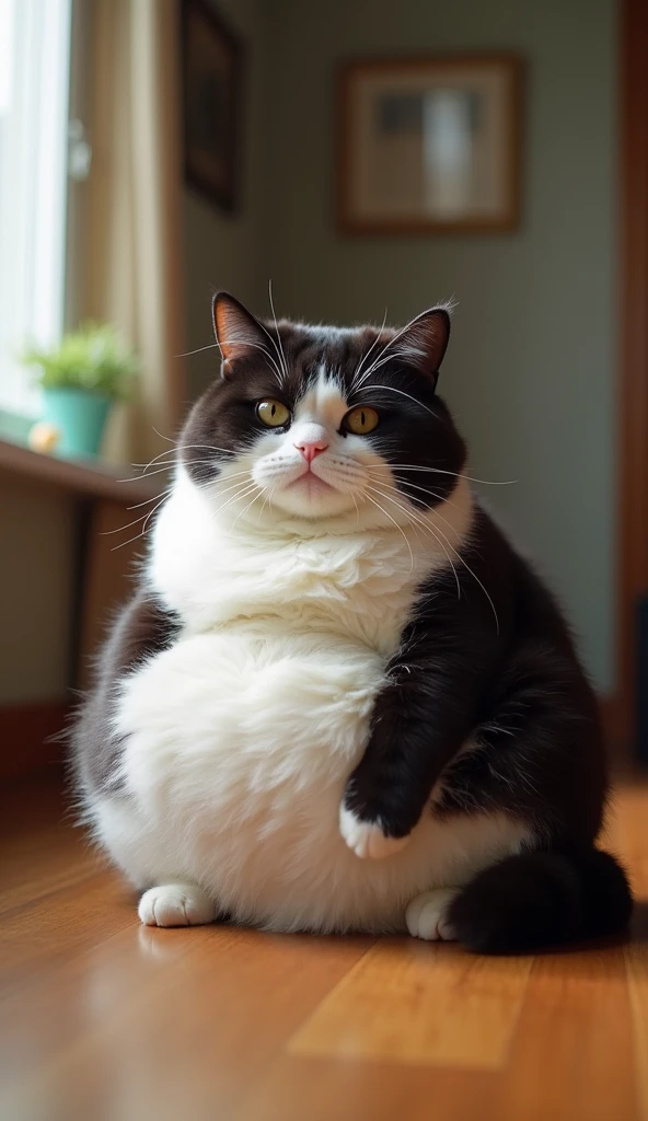 Five cat sitting on a wooden floor, she has a jiggly fat round belly, chonker cat, her belly is fat and round, fat cat, fat penguin, fat cat on desk, extremely plump, obese ), happy wise. he has bouncy belly, thicc, fat belly, extremely fat, an obese, whol...