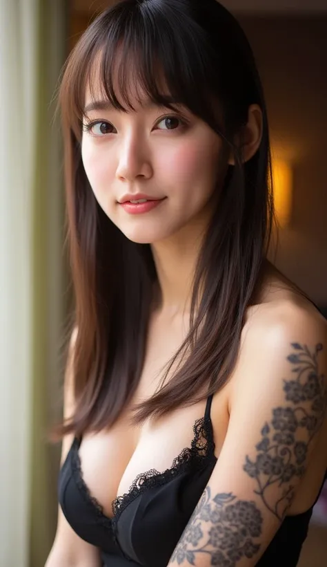 ((  high image quality、8k、master pee:1.3))、 1 girl、Beautiful woman with thin abs :1.3、( Everyday Hairstyle 、Super Boobs:1.4)、 Ultra Fine Face 、Delicate eyes、 double eyelids 、Soft Breasts、Smiling face、 Super Exposed Cleavage、whole body、 bed、Tattoo、saliva、We...