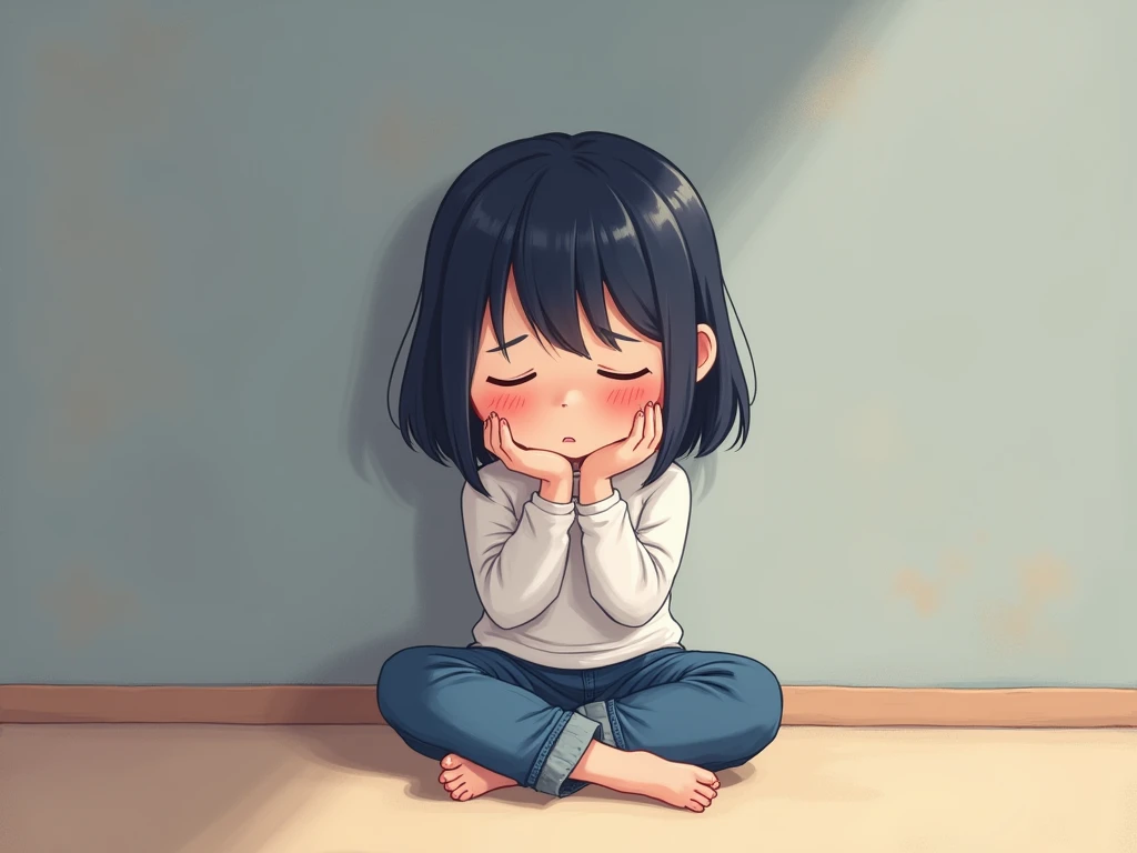  1 girl、blush、cute、 embarrassed 、whole body、 denim pants with open front、 white turtleneck 、barefoot、room、 navy blue bob hair、restless 、 is sitting、My feet are itchy 、suppress