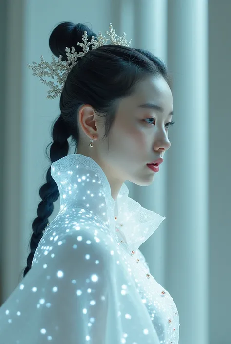 The ethereal Korean cyborg queen emerges as a liminal being, transcending traditional boundaries between organic and synthetic. Her morphology is a delicate symphony of biomechanical precision: translucent porcelain skin, so thin it becomes a living canvas...