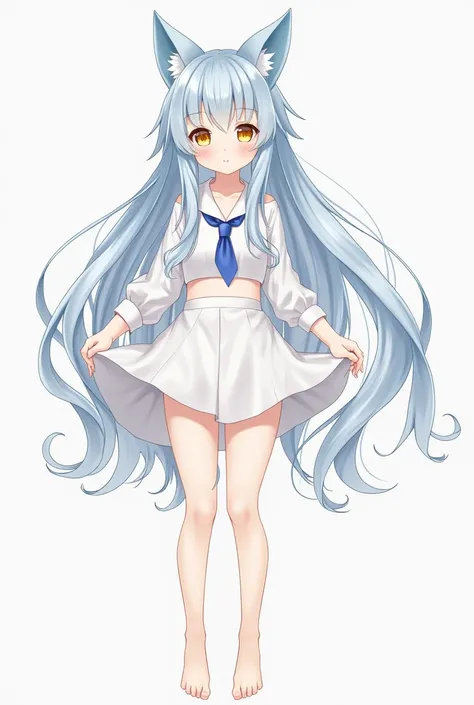 1 girl, Beautiful Lovely Girl, slim waist , Slim Thighs ,Detailed drawing, pale skin, Straight Hair , long hair, Light Blue Hair , bra,shirt, miniskirt ,Barefoot,Fox ears,(tail:0.6), Lovely Big Eyes ,Small lips,whole body,High quality, super high resolutio...