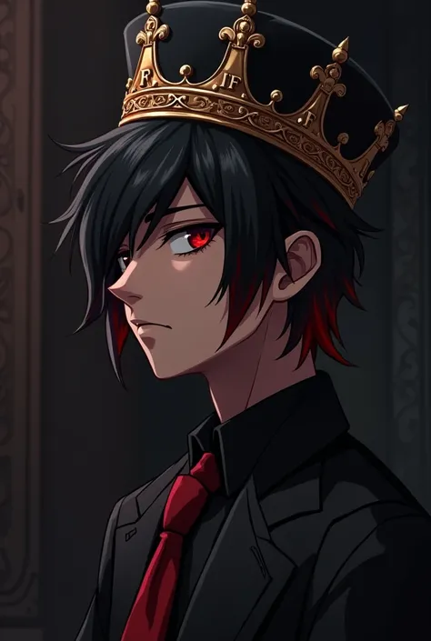 Emo prince, darkness, two block hair, black hair with red highlight, wear a crown with word SF, brown skin, word SF on the crown, animated