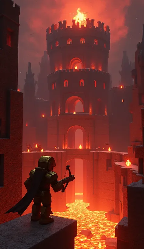 "In the fiery depths of the Minecraft Nether, a player clad in enchanted gold armor cautiously explores a massive nether fortress. The fortress, constructed of dark red nether bricks, looms over a sea of bubbling lava. The player holds a glowing enchanted ...