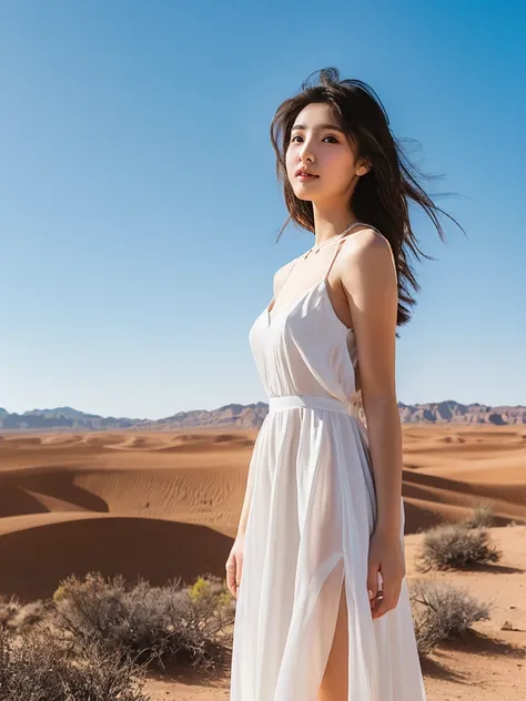 20 years old　 beautiful woman　 model body type　Blue Sky　 take a photo with the desert in the background　 white dress　風でたなびく　Look away