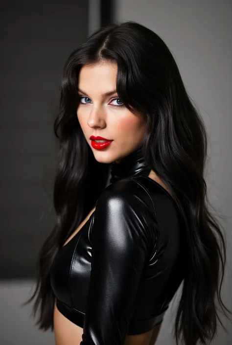 portrait, black hair, she is wearing shiny red lip gloss, wearing a pleated pvc micro skirt