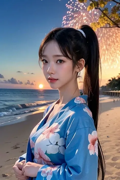 Japanese、Age 25、younger sister、Randomly generated people with diverse facial features and hairstyles、Perfect Anatomy,Ocean、Beach、firework、Night Sky, yukata, natural midium breast, high ponytail