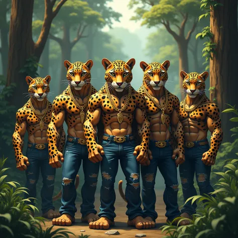 Mafia group of strong body leopards wearing jeans and golden chains in front of forest 