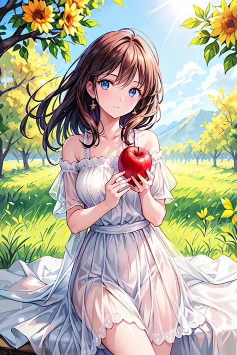  Portrait of a beautiful woman in a bright, windy field, river, (Backlight),  realistic ,   masterpieces during breakfast ,  top quality,  lens flare, shade, bloom, [[ Color Difference]], Jeremy Lipping , Antonio J... Apple Orchard,   Digital Painting , St...