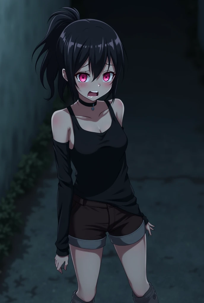 Pale Emo adult girl with pink eyes with black hair and a short pony tail with a black tank top with black long sleves with a black collar in neck with big boobs and brown shorts with gray boots, dramatic angry and crying in a dark night with dark anime sty...