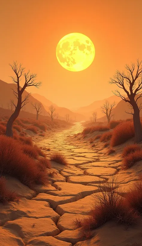 A barren landscape under a harsh, blazing sun, with deep cracks running across the dry, parched ground. The once-lush vegetation is now withered and brown, with scattered, leafless trees standing lifeless. A dried-up riverbed winds through the scene, its c...