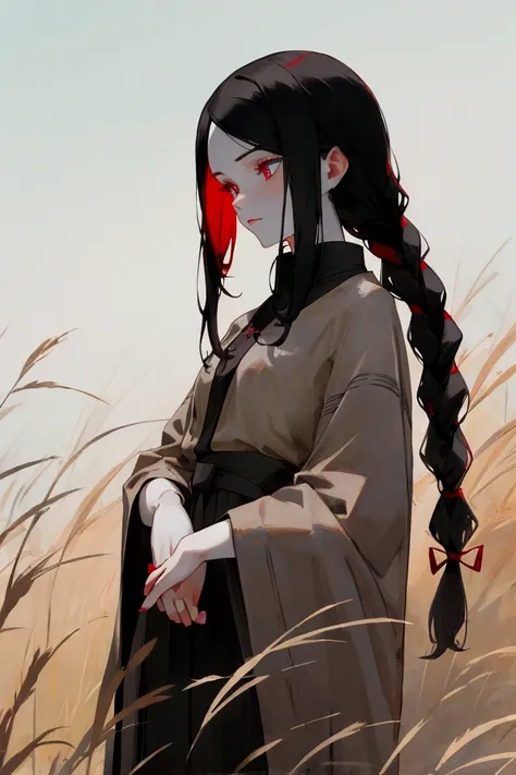 **Female, long black hair tied in braid, crimson colored eyes, standing on a grassy hill, pale skin, detailed face, detailed hands, no flaws**