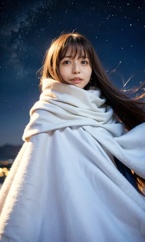 (  Heavy snowfall area、Snow is falling、 blue eyes、 blue eyes、white winter clothes、Admire the night sky in a frigid region、Im wearing a fluffy red scarf、Her breath is white expression 、A woman looking at the starry sky、 Night Background 、that&#39;Outside at...