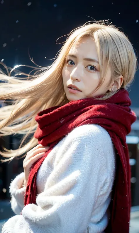 (  Heavy snowfall area、Snow is falling、 blue eyes、 blue eyes、white winter clothes、Admire the night sky in a frigid region、Im wearing a fluffy red scarf、Her breath is white expression 、A woman looking at the starry sky、 Night Background 、that&#39;Outside at...