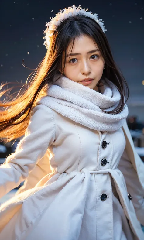 (  Heavy snowfall area、Snow is falling、 blue eyes、 blue eyes、white winter clothes、Admire the night sky in a frigid region、Im wearing a fluffy red scarf、Her breath is white expression 、A woman looking at the starry sky、 Night Background 、that&#39;Outside at...