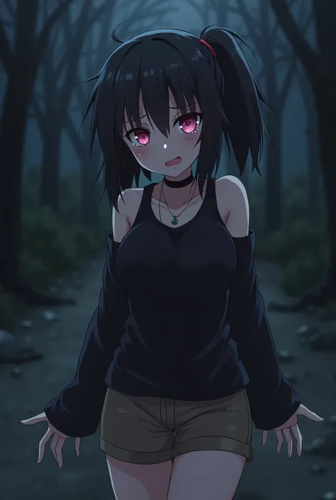 Pale Emo adult girl with pink eyes with black hair and a short pony tail with a black tank top with black long sleves with a black collar in neck with big boobs and brown shorts with gray boots, dramatic angry and crying in a dark night with dark anime sty...