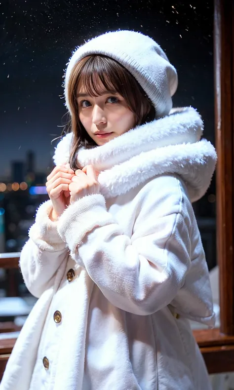 (  Heavy snowfall area、Snow is falling、 blue eyes、 blue eyes、white winter clothes、Admire the night sky in a frigid region、Im wearing a fluffy red scarf、Her breath is white expression 、A woman looking at the starry sky、 Night Background 、that&#39;Outside at...