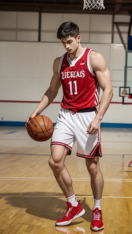 Full body photorealistic shots of handsome hunky slender male. Ripped abs toned body. Shirtless. He is wearing a red tight fit jersey white shoes. Playing basketball 