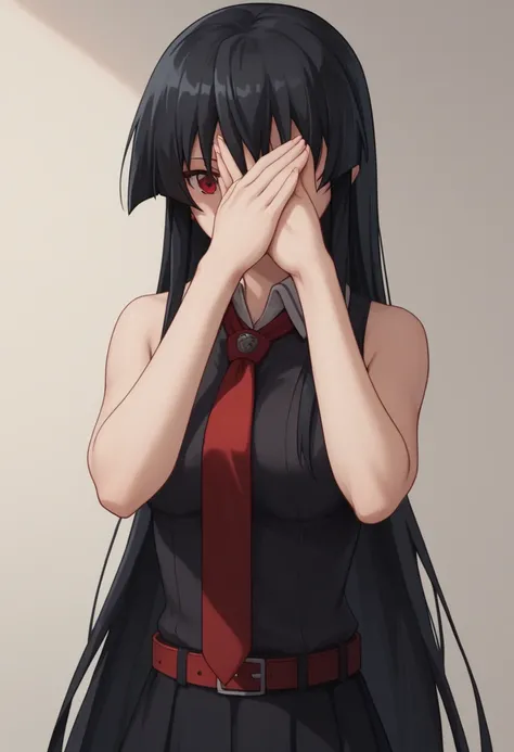 akame, long hair, black hair, red eyes, hair between eyes,skirt, dress, necktie, sleeveless, belt, shirt, black shirt, collared shirt, red necktie, black skirt,girl,covering her eyes with one hand, 1girl, solo, (covering own eyes, One-handed v)