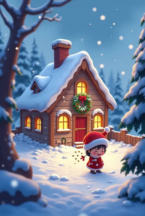 A picture of a cottage with Christmas decoration in front of the yard, snow covered the house and the ground, ren playing snow fight, 2d cartoon