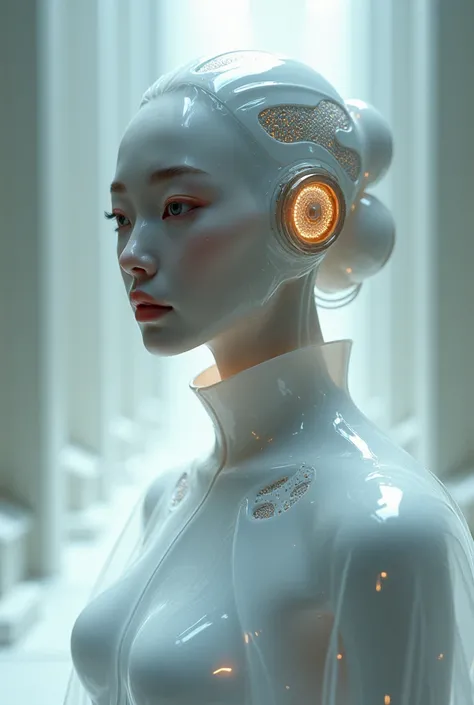 The ethereal Korean cyborg queen emerges as a liminal being, transcending traditional boundaries between organic and synthetic. Her morphology is a delicate symphony of biomechanical precision: translucent porcelain skin, so thin it becomes a living canvas...