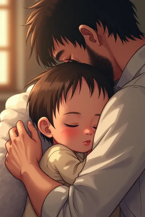 A little baby girl sleeping in her fathers lap, anime,