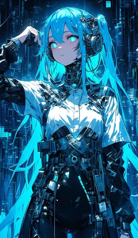 ((masterpiece)), (best quality), (detailed), (1girl), (inner data stream) light blue gradient hair, light blue glowing eyes, straight hair, wearing a modern white shirt and black dress, covered by data particles, locked around the neck