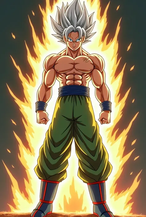  Goku wearing Super Saiyan 4 ,  but in a bright silver tone with the AF ).  He wears worn water green pants ,  suit, a blue belt and classic green boots on his right feet, green boots with red stripes and green boots with blue stripes on his left feet. ,  ...