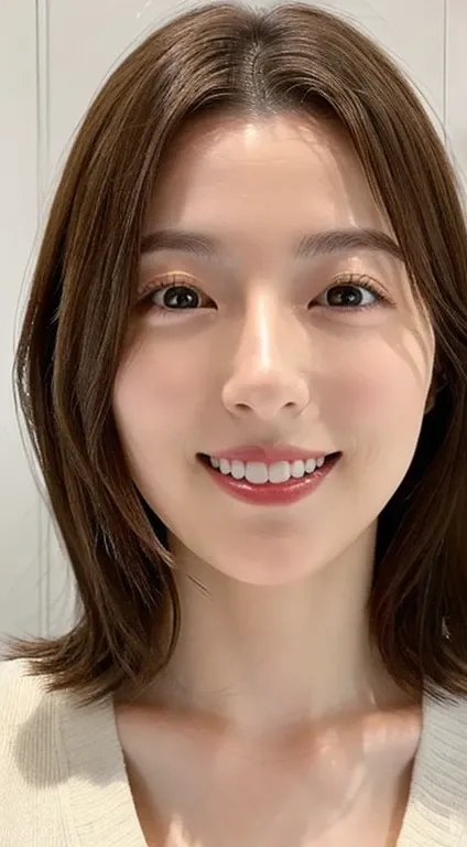  mature girlfriend 、 close-up face、 clear 、virgin、25 years old、 wavy shoulder length hair 、Double teeth、Shapely breasts、 bright 、 Japanese 、 realistic feel、