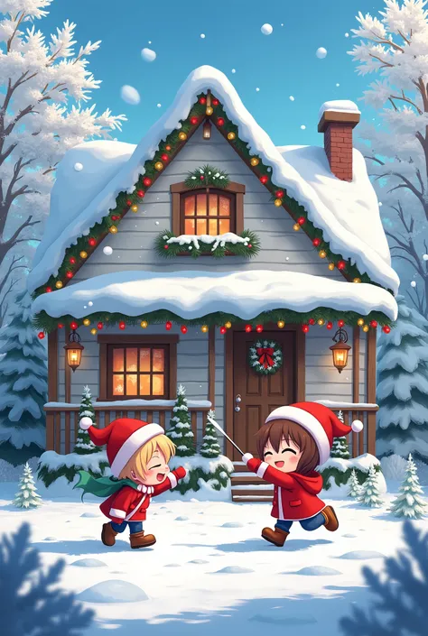 A picture of a cottage with Christmas decoration in front of the yard, snow covered the house and the ground, ren playing snow fight, anime style