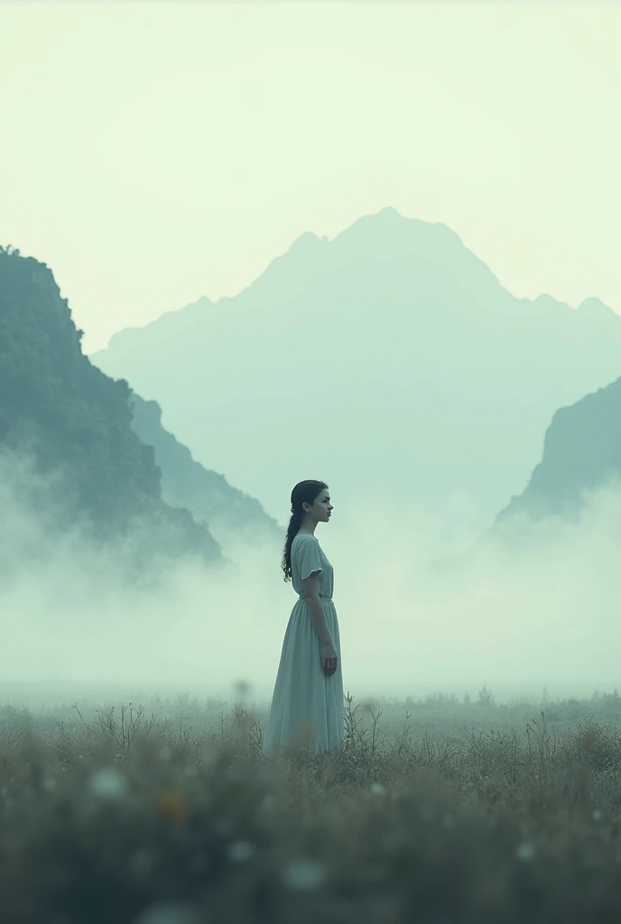 a 24 year old Girl, standing in the middle of plain Foreground and  mountains in background Foggy Environment