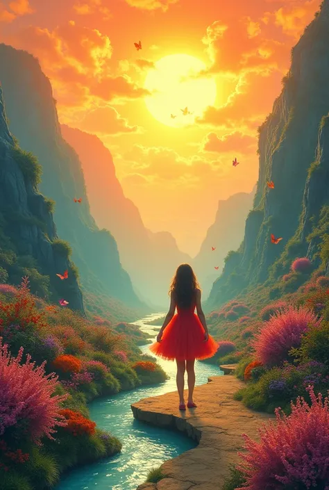  This image shows a fantastic and whimsical landscape with a magical and dreamy air .  The scene is bathed in warm and vibrant colors ,  with a striking orange and yellow sky that creates a sense of warmth and energy .  The lush and undulating foliage in s...