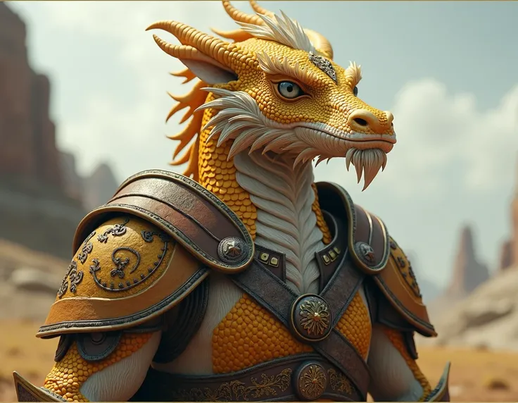 a pale golden scaled dragonborn, with gray almond-shaped eyes, medium beard like eastern dragons, wearing a steppe style armor, similar to those worn by Mongols