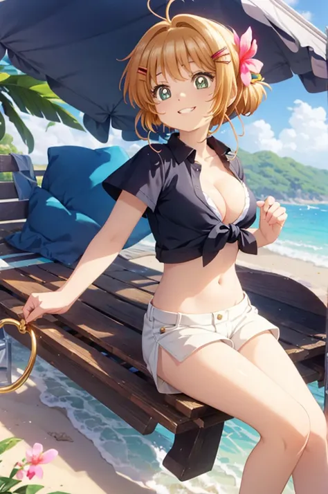 A beautiful sexy girl walking on the beach, anime girl, (18 year old girl:1.3), (aged up), tied shirt, cleavage, midriff, mini shorts, big rounds breasts, good lighting, perfect body, ponytail, hairclip, hair ribbon, hair flower, glowing eyes, pupils spark...