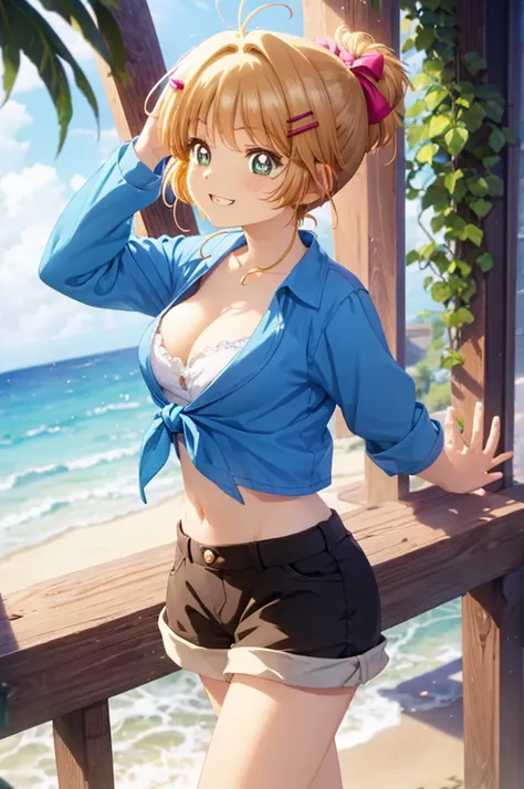 A beautiful sexy girl walking on the beach, anime girl, (18 year old girl:1.3), (aged up), tied shirt, cleavage, midriff, mini shorts, big rounds breasts, good lighting, perfect body, ponytail, hairclip, hair ribbon, hair flower, glowing eyes, pupils spark...