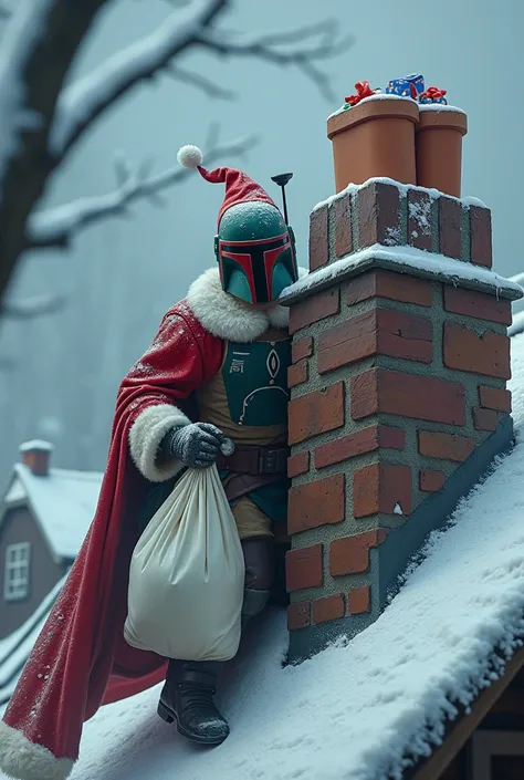 A realistic depiction of Christmas, featuring a snowy rooftop with a chimney. A character dressed in a Santa outfit, reminiscent of Django Fett, is attempting to enter through the chimney, holding a white sack filled with presents. The scene is festive and...