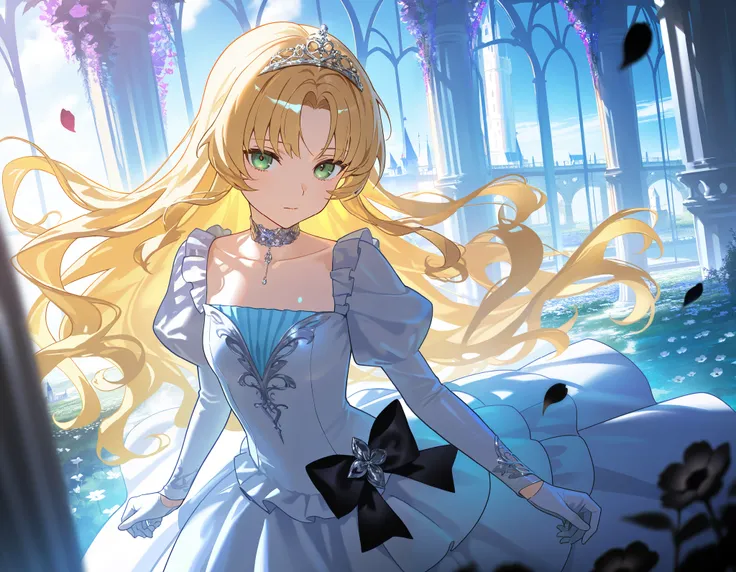 masterpiece, best quality, amazing quality, very aesthetic, absurdres, newest, scenery, floral background, 1girl, blonde hair, solo, long hair, flower, dress, tiara, white dress, gloves, long sleeves, choker, green eyes, white gloves, black bow, black flow...