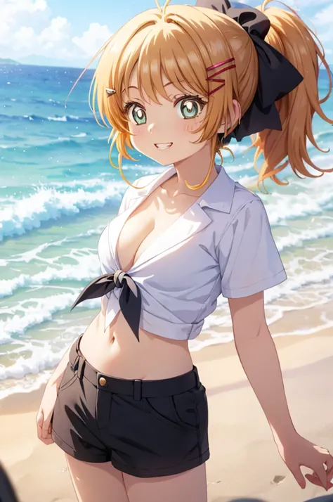 A beautiful sexy girl walking on the beach, anime girl, (18 year old girl:1.3), (aged up), tied shirt, cleavage, midriff, mini shorts, big rounds breasts, good lighting, perfect body, ponytail, hairclip, hair ribbon, hair flower, glowing eyes, pupils spark...