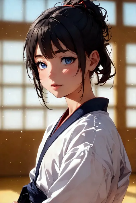 a petite, fit female high school freshman with dark hair and dark blue eyes, wearing a Judo gi in a Judo dojo. 