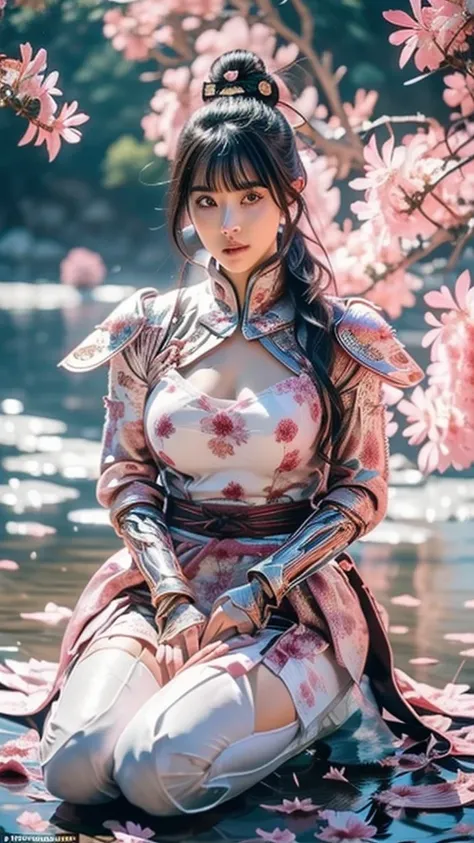  A sexy female character wearing white armor as a warrior from the Sengoku period 、((Messy bun hair))、((raven black hair))、((toned body))、(glistening skin)、 tight body、((mega breasts 1.8))、 plump breasts 、 plump thighs 、 The white armor with the Nadeshiko ...