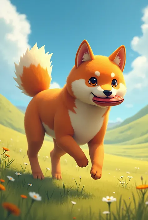 Carafe running through the prairie holding a frisbee in his mouth, Shiba Inu, Sheba dog, Shiba Inu dog, Japanese Dog, anthropomorphic Shiba Inu, Doge, Shiba Inu holding a baseball bat,  inspired by Shiba Jianghan ,  hybrid animal of Charizard and dog 