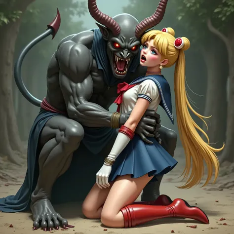 (((Hyper realism))), a realistic picture of Sailor Moon is captured by a big fierce devil and kneeling on the dirt, a small head young woman is wearing a Sailor Moon costume, beautiful Japanese girl face, Being restrained, ((Blue sailor collar, Navy blue s...