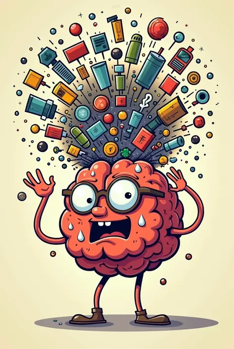 Animated brain that has a lot of objects coming out of its head and I tried to hold them with my hands.  The brain gets drops of sweat from the effort of carrying so many things. This character wears glasses to read .