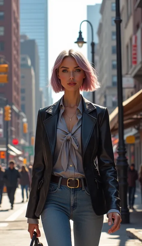 A beautiful woman with short straight hair in a gray pink color wearing a tie shirt leather jacket jeans shoes bots walking on the street background of city streets 