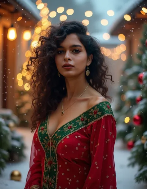 Professional Photography, A beautiful Indian girl 23 year old, Curly Black and brown Hair, very attractive and curvy figure, wearing Christmas Costume, Full covered Churidar(Red and Green color), (No cleavage), Christmas Vibe, Led lights, Xmas trees, Xmas ...