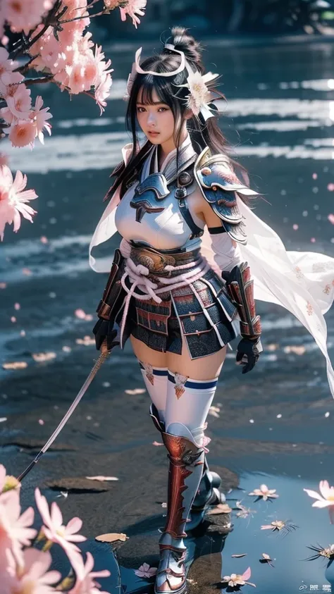  A sexy female character wearing white armor as a warrior from the Sengoku period 、((Messy bun hair))、((raven black hair))、((toned body))、(glistening skin)、 tight body、((mega breasts 1.8))、 plump breasts 、 plump thighs 、 The white armor with the Nadeshiko ...