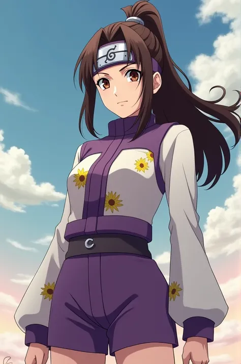 

"Create a female character in the style of the Naruto anime. She should be the daughter of Hinata Hyuga and Neji Hyuga. She should have brown, straight, shiny and well-defined hair, tied up in a high ponytail. Her eyes should be identical to Hinatas, as ...