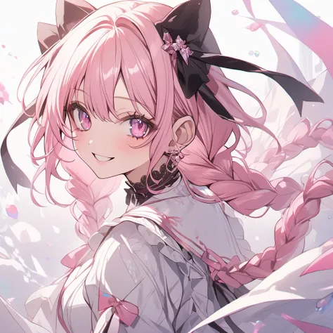 Aesthetic Nightmares: One Girl,  Side Braids ,  pink hair,  smiles,  pink eyes, ribbon,  dress、White and pink